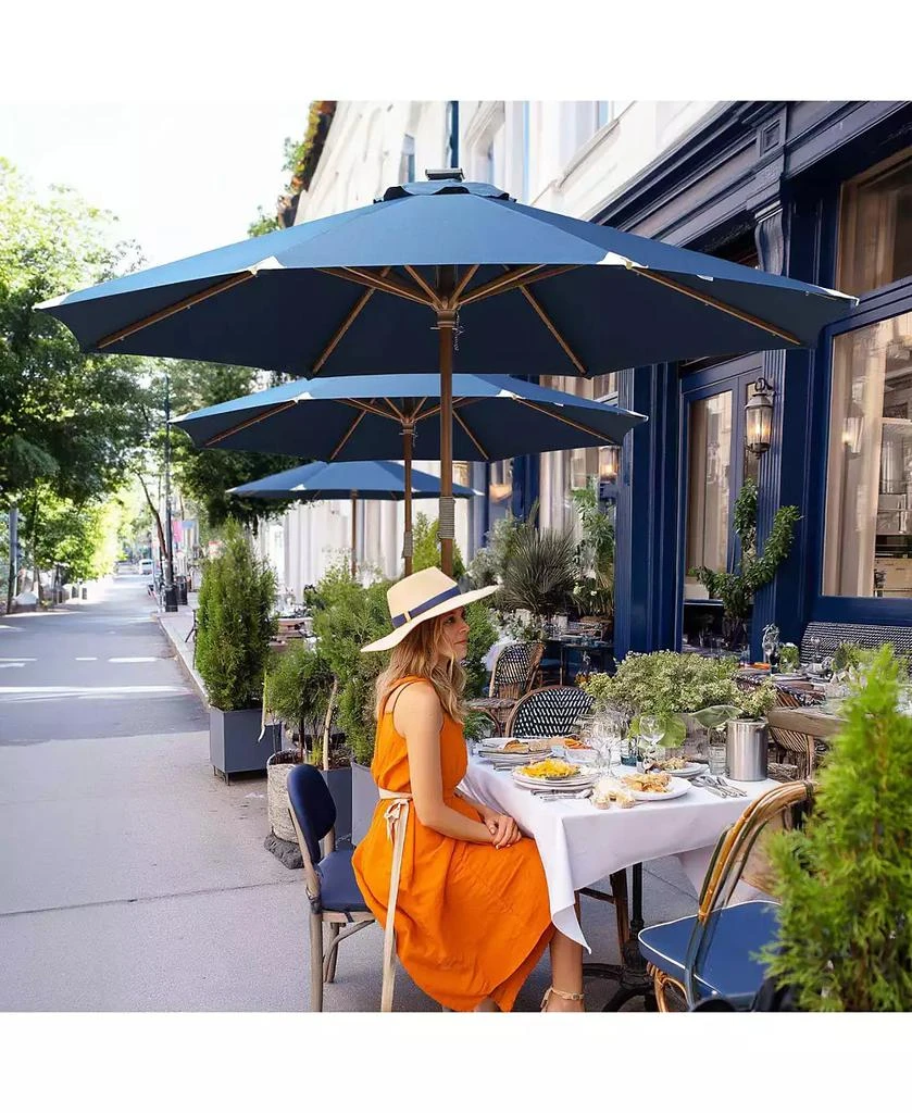 LAGarden Boho 32 LED 9Ft Wood Market Patio Umbrella with Solar Lights for Bar Hotel Resort Alfresco Dining Rooftop Restauran Navy Blue 9