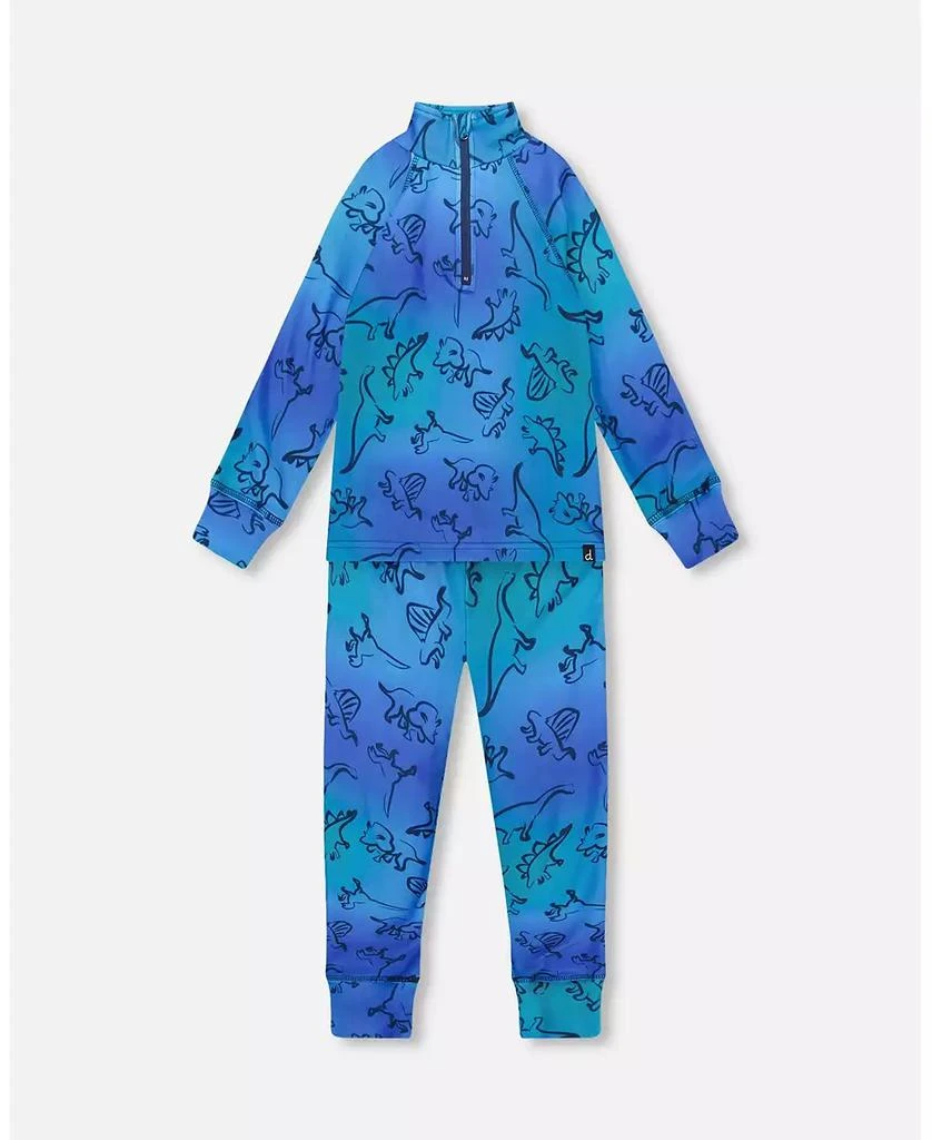 Deux par Deux Big Boys Two-Piece Thermal Underwear Set Blue Gradient Dinosaur Print