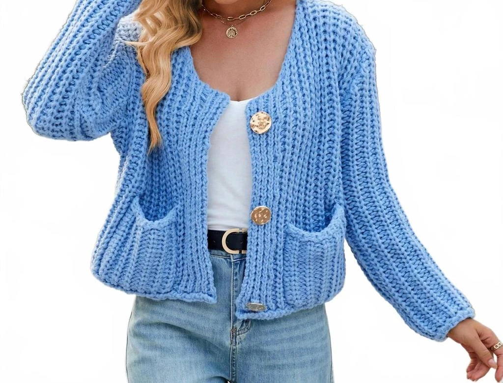Masyal Caroline Casual Thick Solid Knitted Cardigan In Blue 2