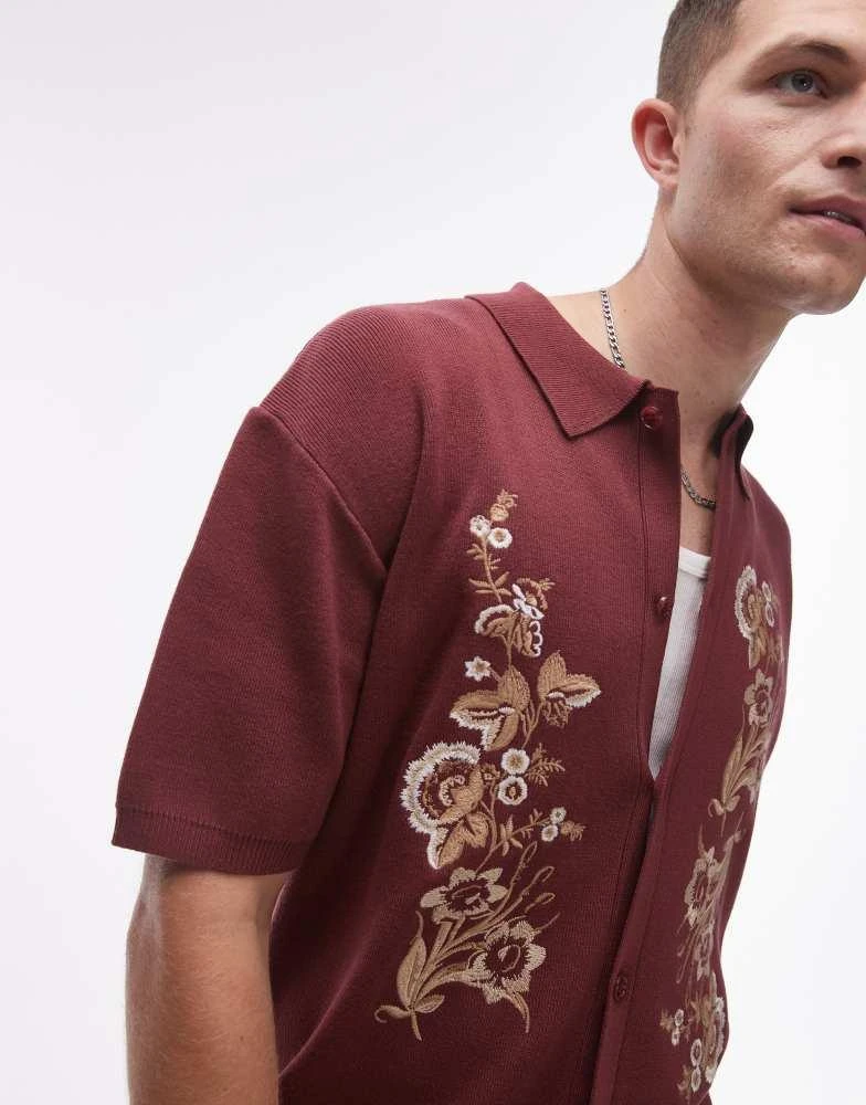 Topman Topman relaxed floral embroidered knitted shirt in plum 3