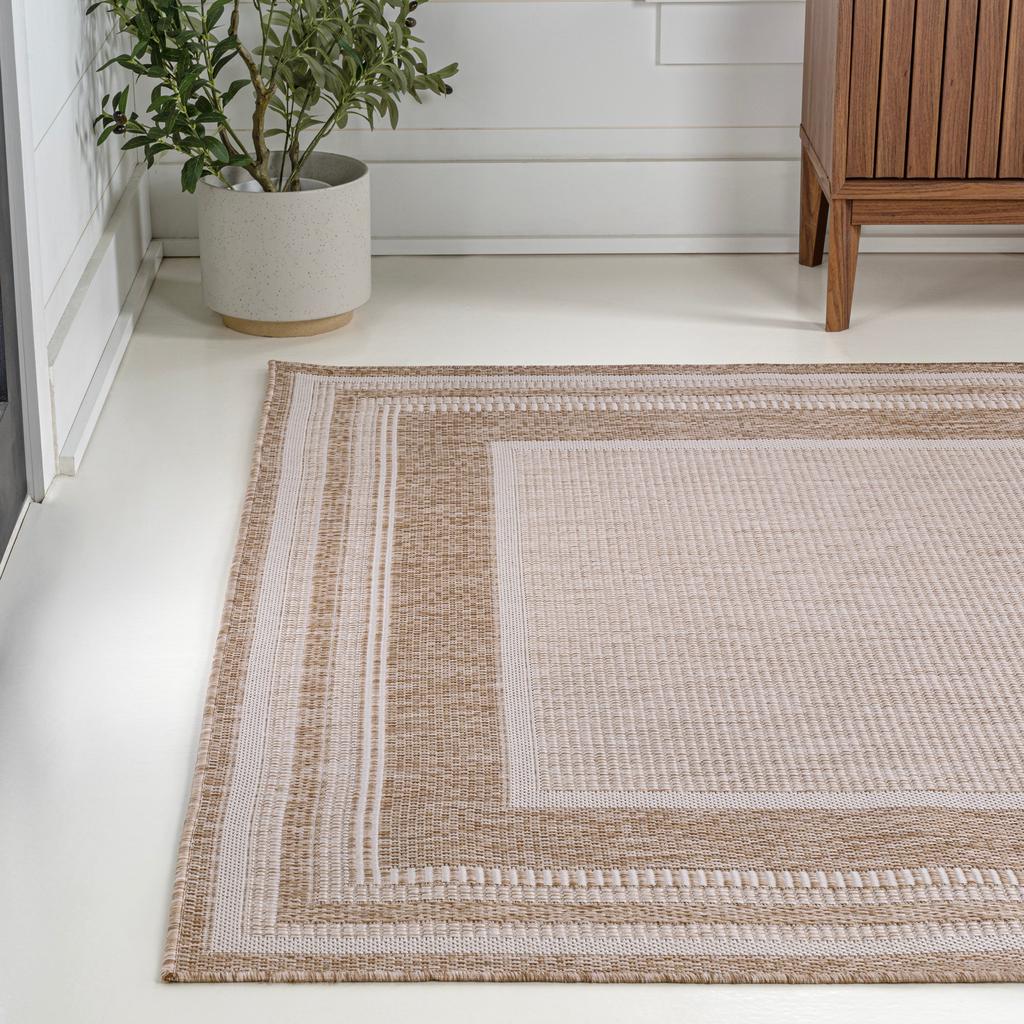 JONATHAN Y Beckett Classic Casual Border Stripe Beige/Cream Indoor/Outdoor Area Rug