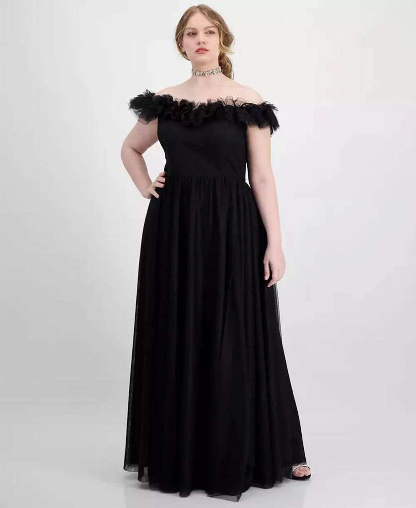 City Studios Trendy Plus Size Tulle-Trim Off-The-Shoulder Gown, Created for Macy's 3