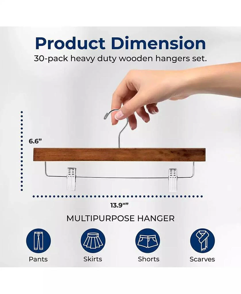 SereneLife 30 Pcs. Premium Wooden Pants Hangers - Heavy Duty Hanger Set with Chrome 360° Swivel Hook (Retro) 5