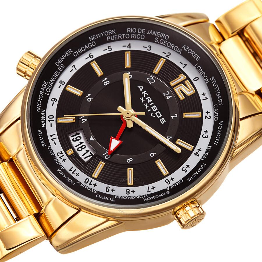 Akribos XXIV World Time Quartz Black Dial Men's Watch AK1021YGB