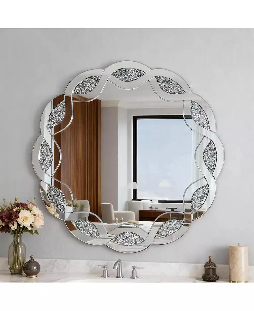 BUSDAYS Crush Diamond Round Wall Mirror,31.5 Inch Wave Frame Decorative Mirror for Living Room,Bathroom,Bedroom,Hallway,Heavy Duty Frame