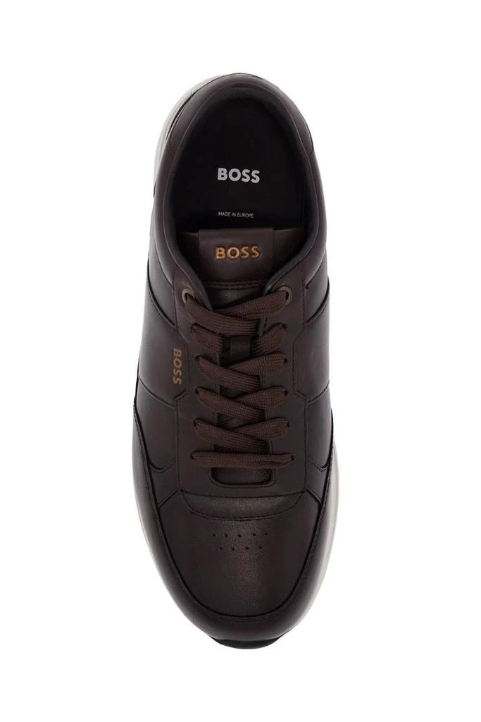 Hugo Boss men's dark brown leather sneakers with rubber sole jace_runn_bu 2