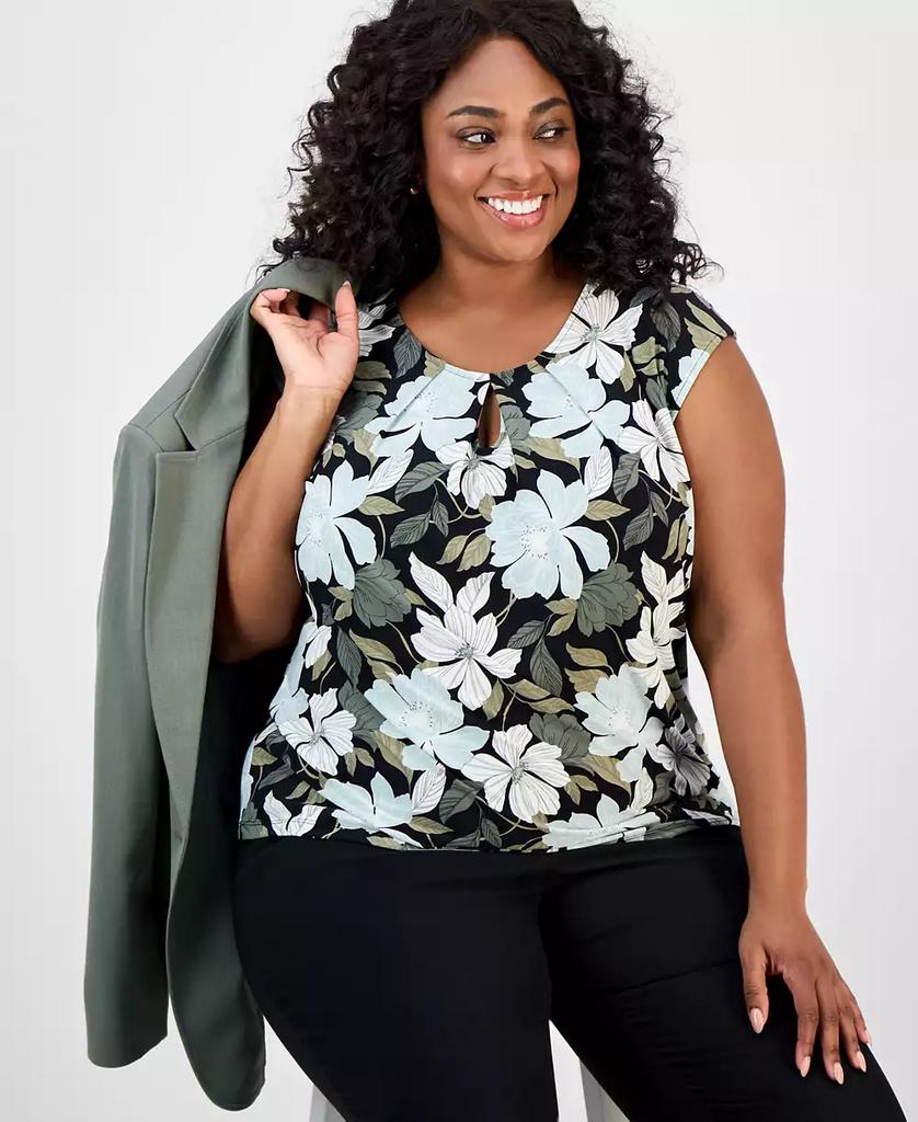 Kasper Plus Size Floral-Print Keyhole Top