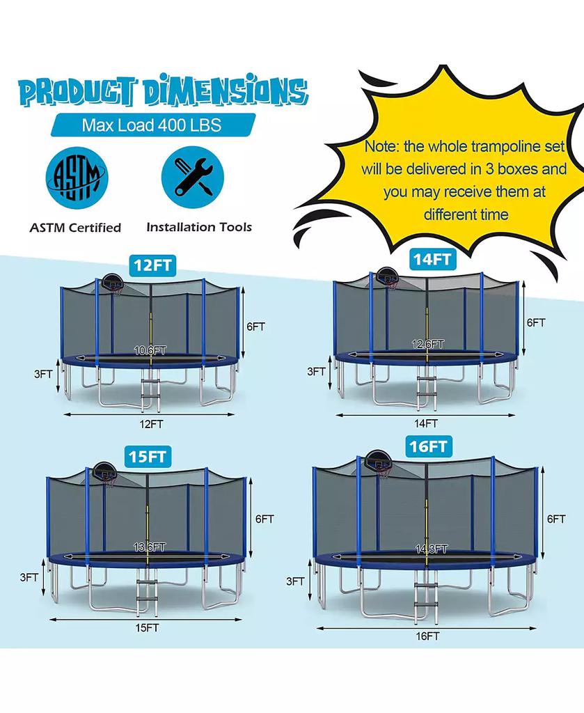 Gymax 15FT Outdoor Large Trampoline Safety Enclosure Net w/ Basketball Hoop Ladder