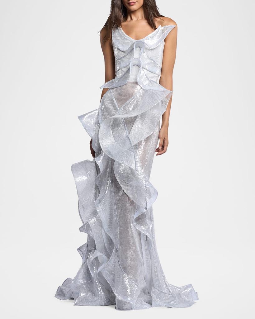 Maticevski Refraction Strapless Ruffle Sequin Trumpet Gown