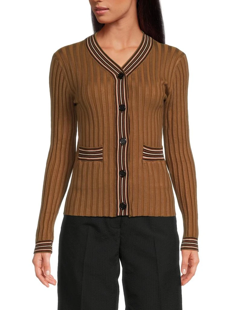 The Lynk ​Striped Contrast-Trim Rib-Knit V-Neck Cardigan