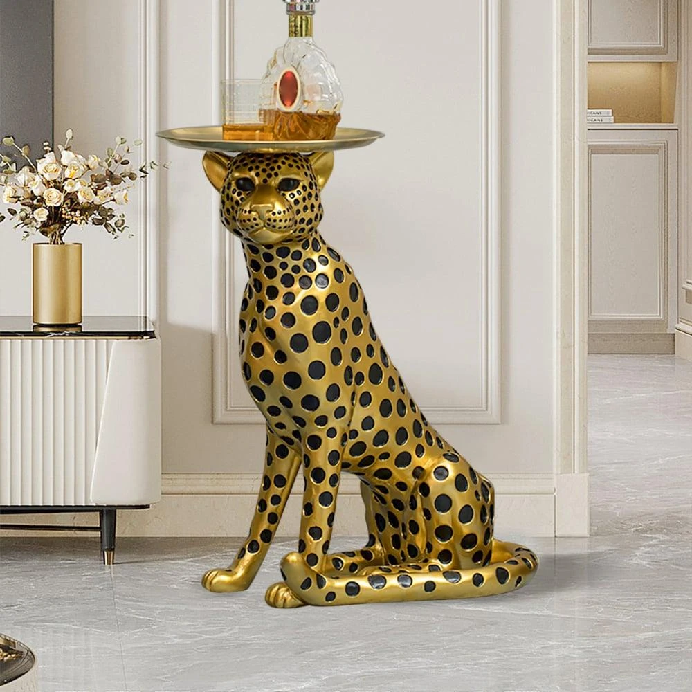 Hivvago Panther Figurine Resin Art Deco Gold Side Table with Tray Top