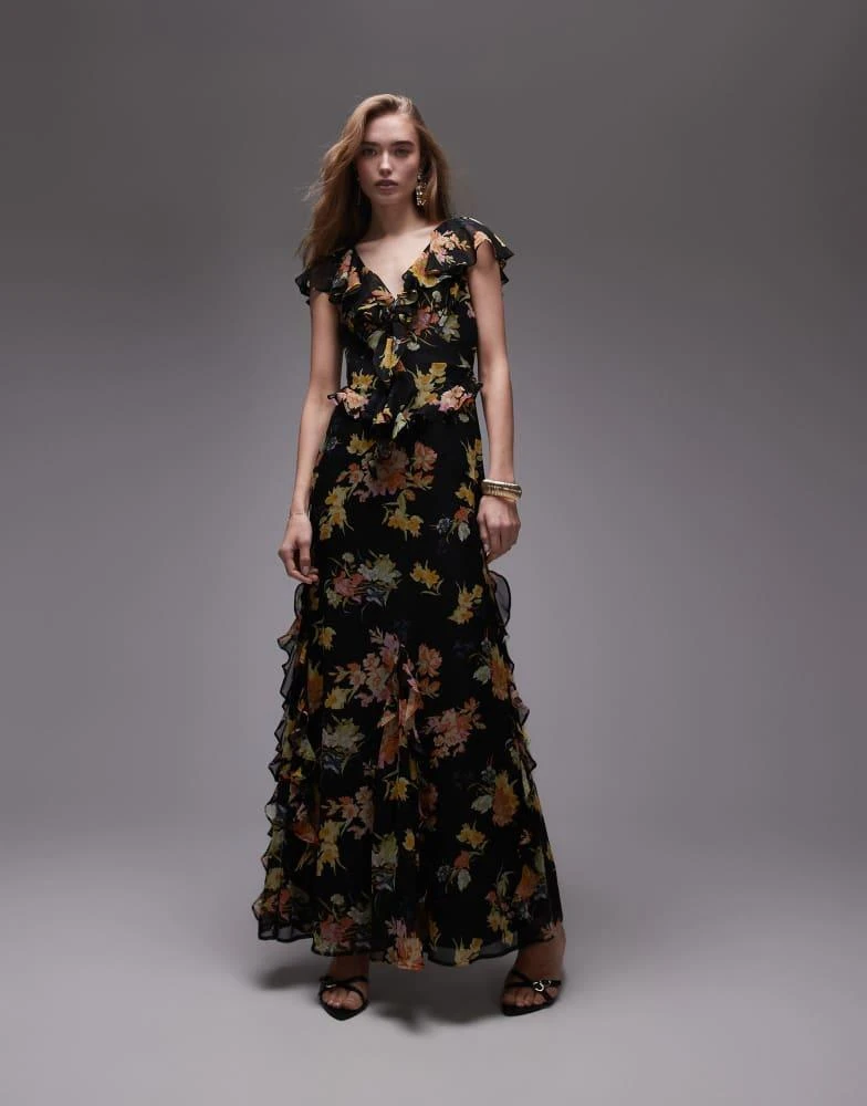 Topshop floral ruffle Maxi dress in Black at Nordstrom, Size 6 Us