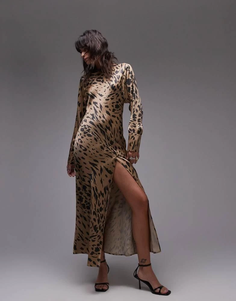 & Other Stories & Other Stories volume sleeve satin maxi dress with drape back detail in leopard print 4