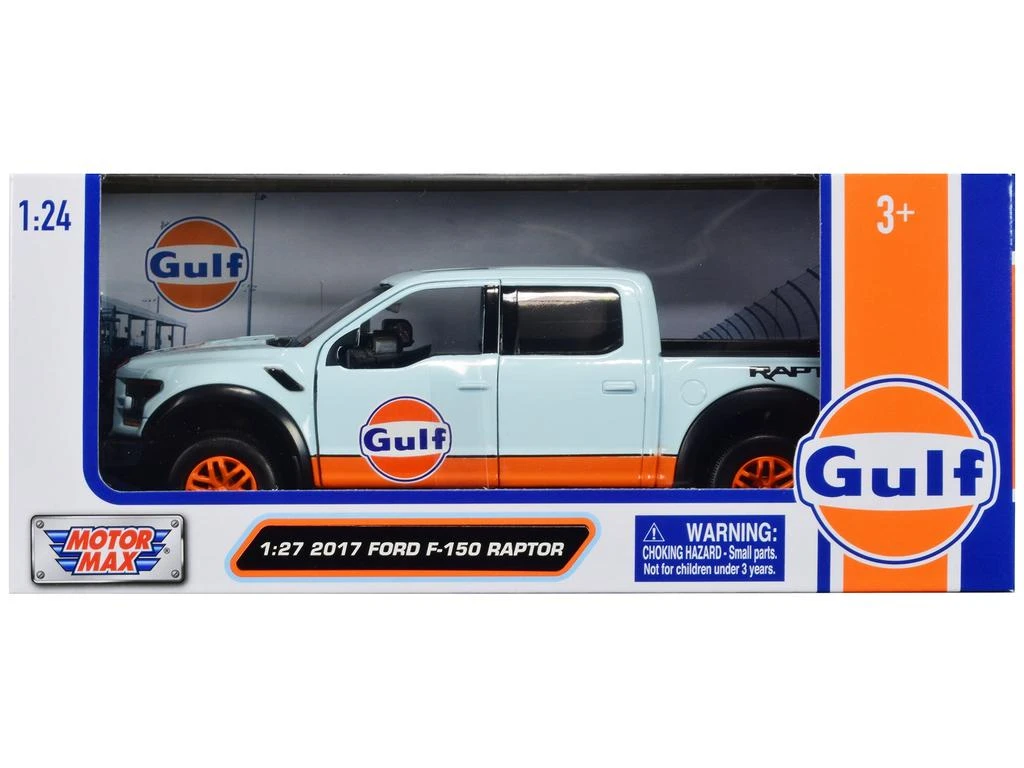Motormax 2017 Ford F-150 Raptor Pickup Truck Light Blue with Orange Stripes "Gulf Oil" "Gulf Die-Cast Collection" 1/27 Diecast Model Car by 1