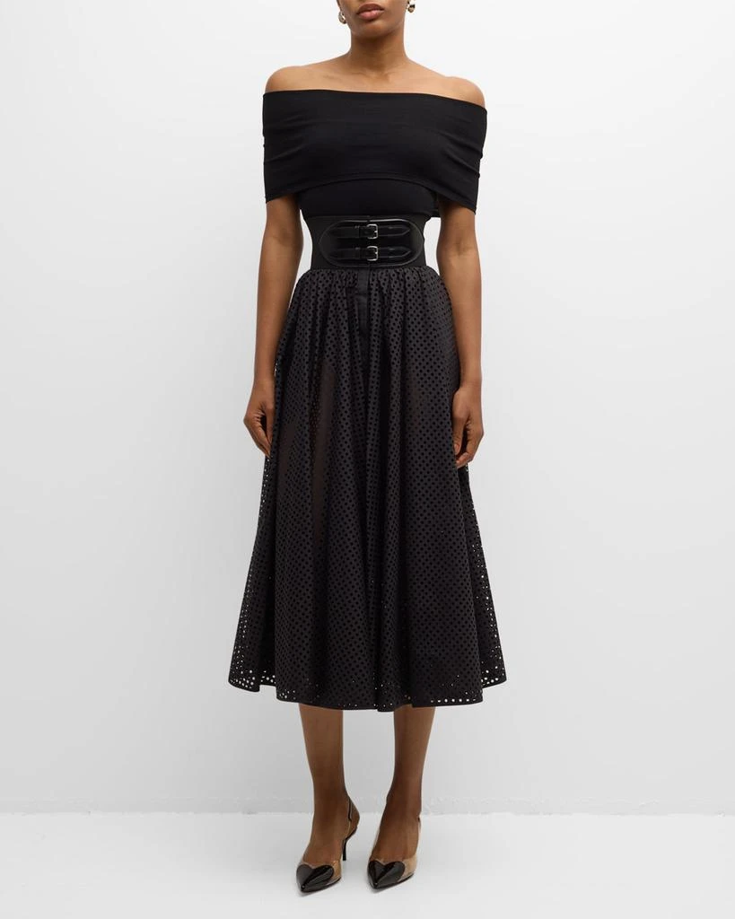 ALAIA Polka-Dot Double-Buckle Belt Midi Skirt 3