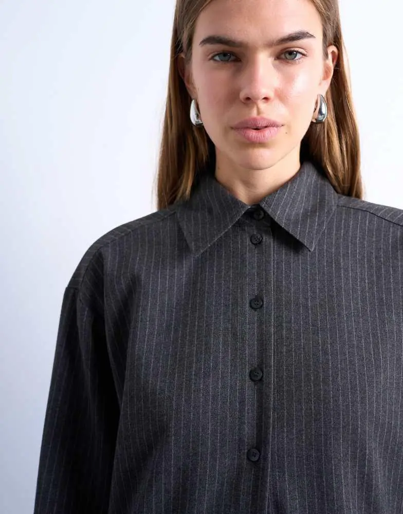 Topshop Topshop brushed pinstripe tailored shirt in charcoal 4