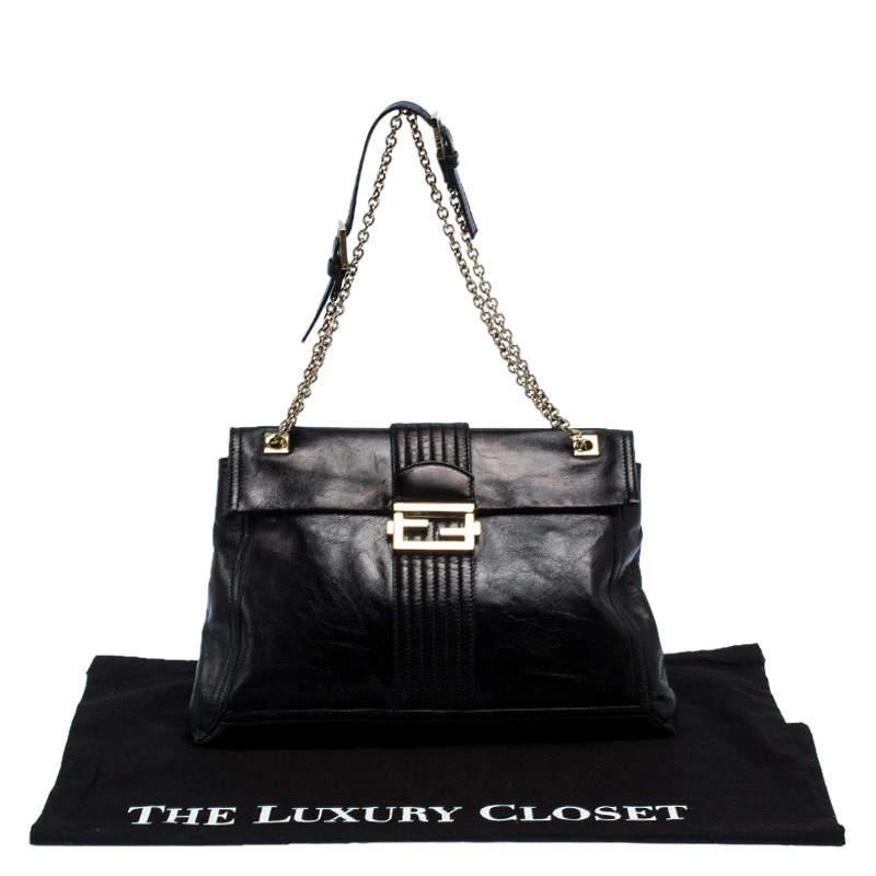 Fendi Fendi Black Leather Maxi Baguette Flap Shoulder Bag 10