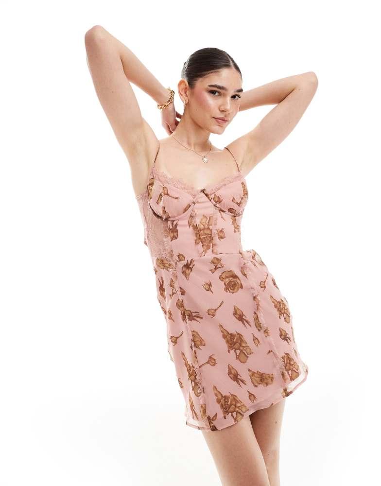 ASOS ASOS DESIGN corset bias mini dress with lace insert in vintage pink floral print
