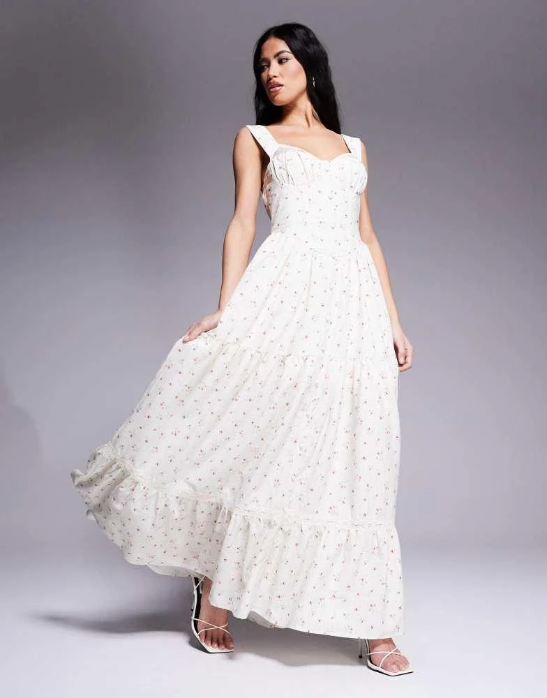 Love Triangle Love Triangle milkmaid tiered maxi dress in pink ditsy 1