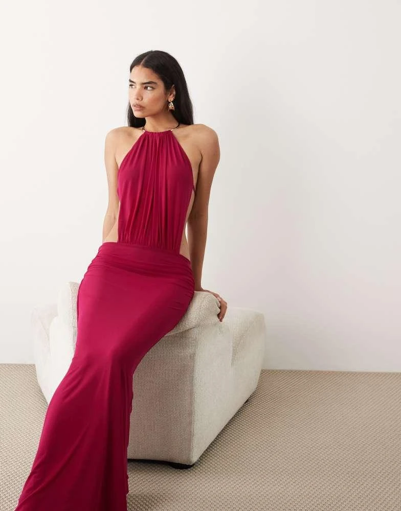 tiger mist backless bow dress Ruby Satin Chain Halter Neck Backless Maxi Dress