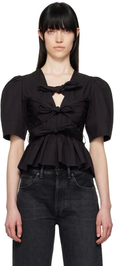 Black Stretch Cotton Tie Strap Blouse – On Sale Now with Up to 66 