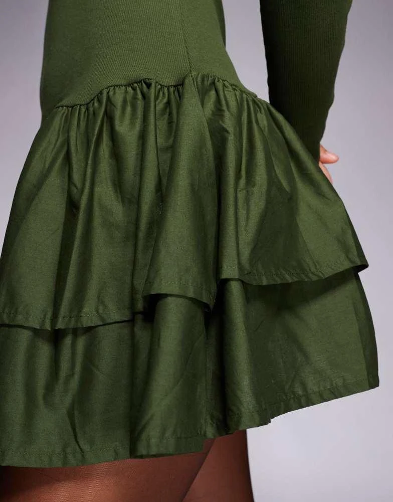 ASOS DESIGN ribbed mini dress with woven skirt in green  On Sale Now with  Up to 11% Off | Discover Exclusive Deals & Savings at BeyondStyle   Authentic ASOS Home|women with