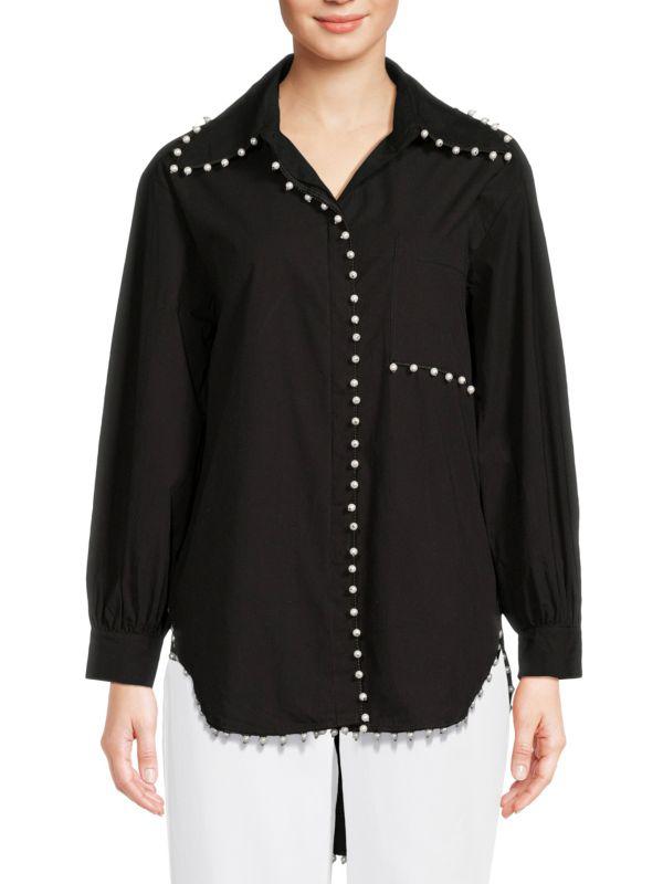 Lea & Viola High-Low Pearl Studded Button Down Shirt