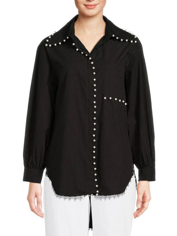 Lea & Viola High-Low Pearl Studded Button Down Shirt 1