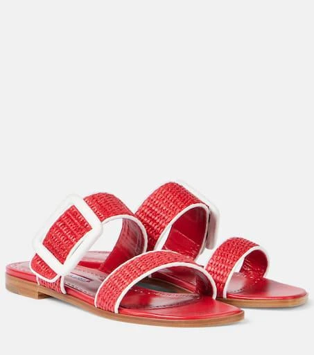 Manolo Blahnik Tituba leather-trimmed raffia sandals 1