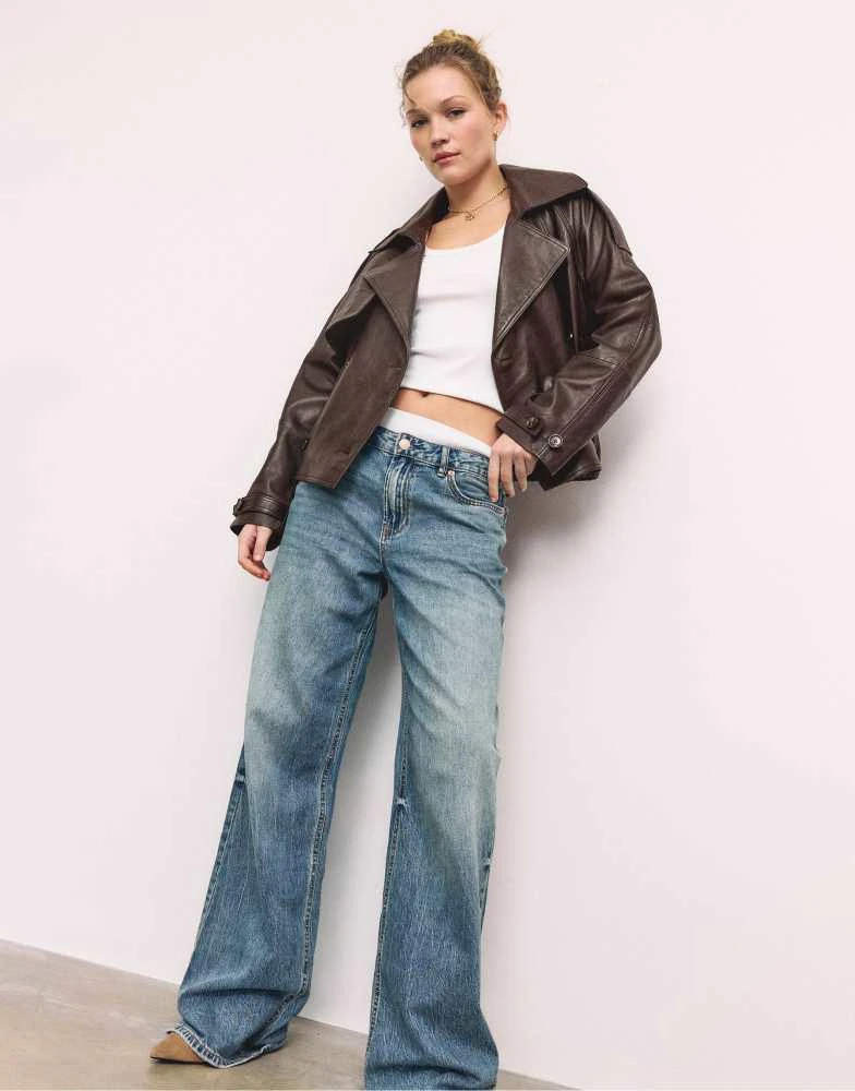 Stradivarius Stradivarius Oversize 100% leather trench coat in brown