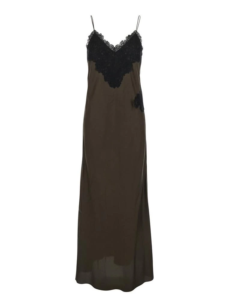 Rohe Brown Long Dress With Thin Shoulder Straps And Lace Details In Silk Woman 1