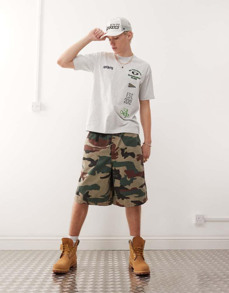 AAPE Aape by A Bathing Ape boxy fit t-shirt in grey with multi placement college embroidery