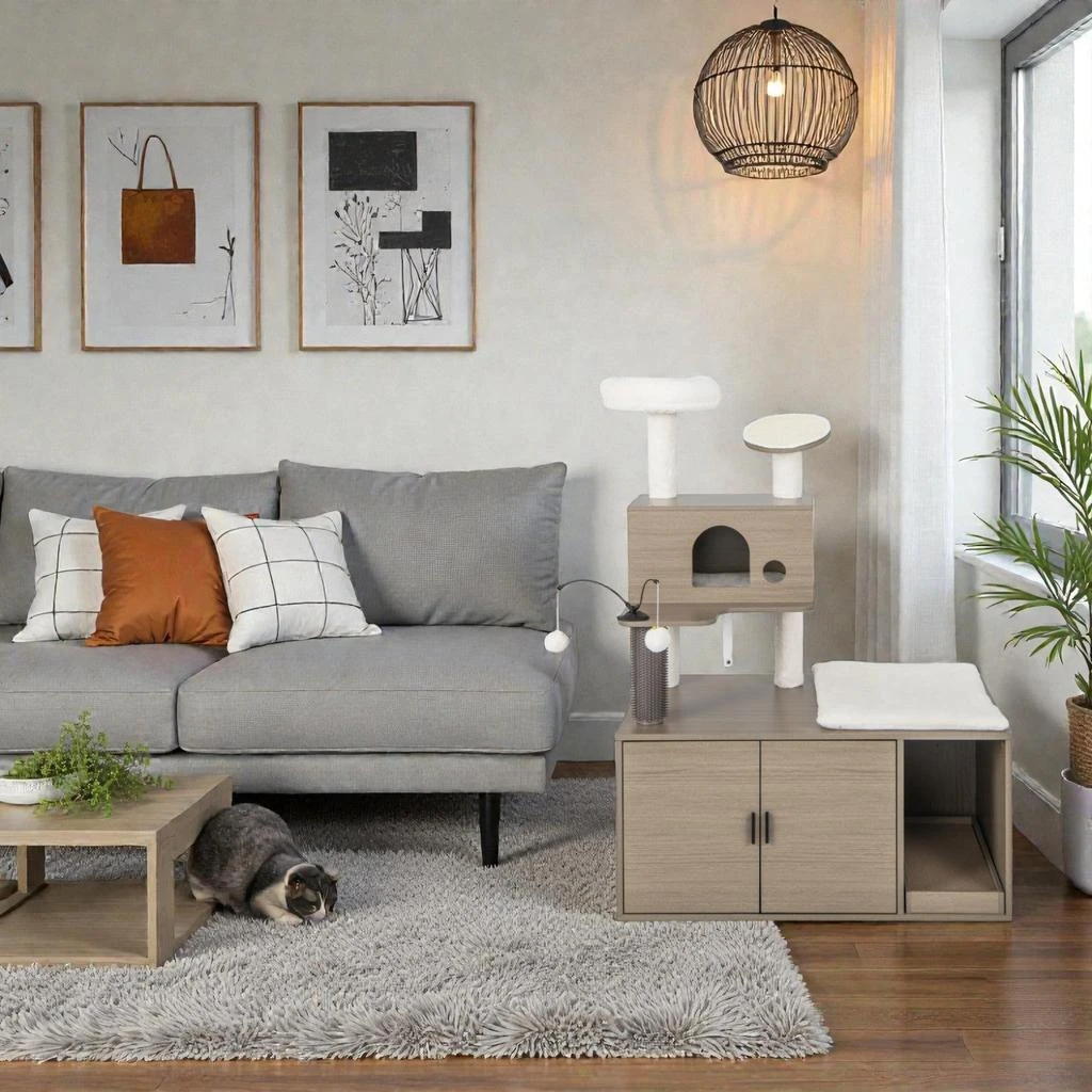 Hivvago Modern Feline Furniture featuring Enclosed Litter Space and Activity Tower