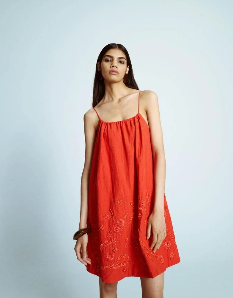 Topshop trapeze swing mini dress with raffia embroidery in red  On Sale  Now with Up to 75% Off | Discover Exclusive Deals & Savings at BeyondStyle   Authentic Topshop Home|women with