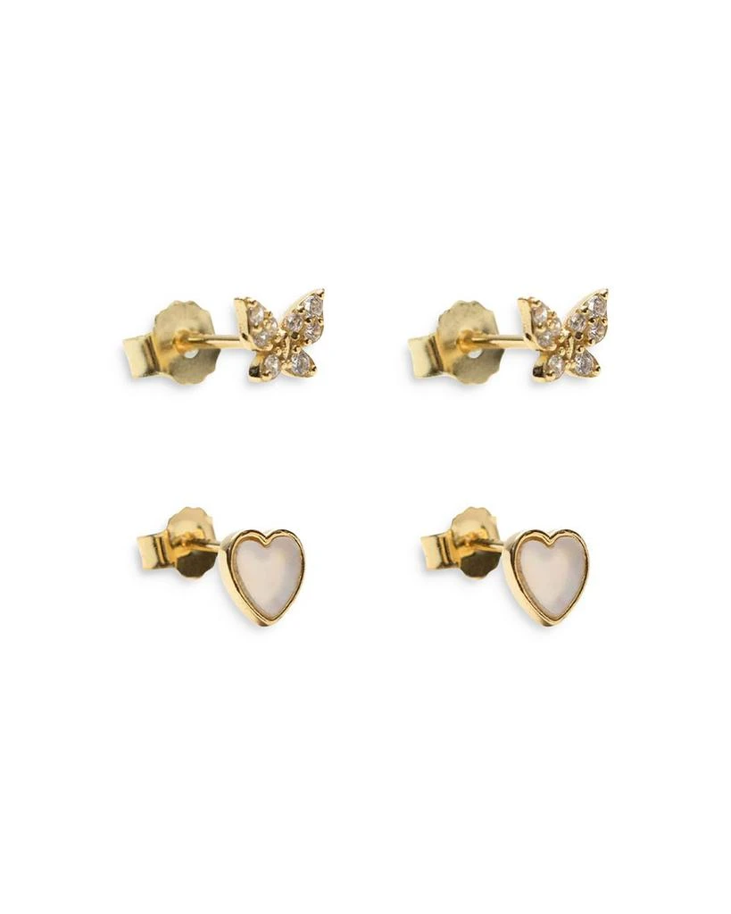 Argento Vivo Mother of Pearl Heart and Cubic Zirconia Butterfly Stud 18K Gold Plated Sterling Silver Earring Set 1