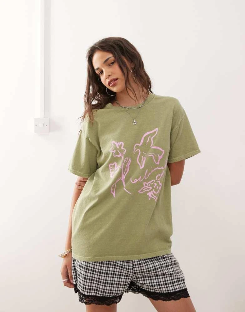 Reclaimed Vintage Reclaimed Vintage cotton oversized t-shirt with pink bird print in washed green 1