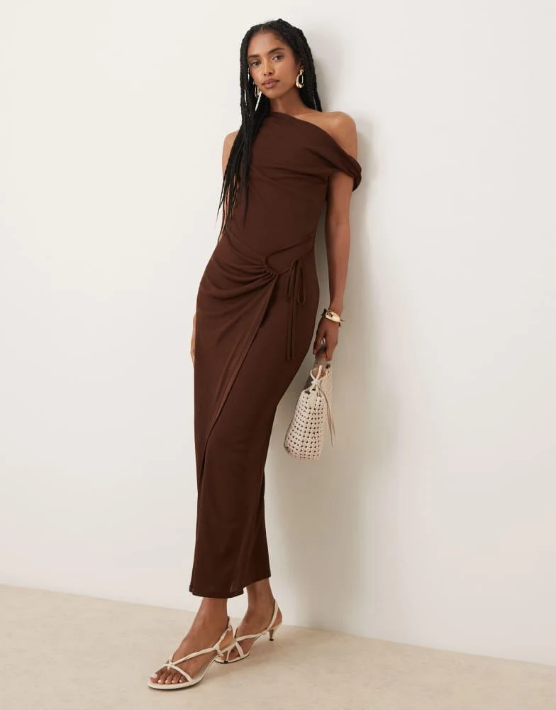 asos fallen shoulder midi dress ARRANGE Curve fallen shoulder draped midi dress with train in burgundy