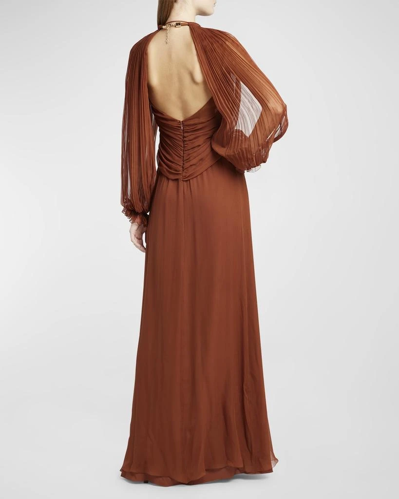 Alberta Ferretti Pleated Drape Long-Sleeve Organic Chiffon Gown 6