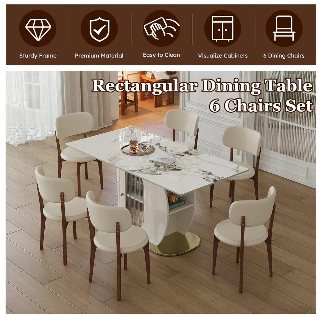 Streamdale Furniture Streamdale 63" Modern Dining Table Set, Burnt Stone Top, Gold Base, 6 White Chairs 4