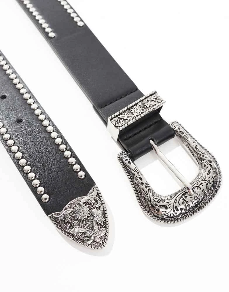 ASOS ASOS DESIGN faux leather  belt with western buckle and stud detail in black 2