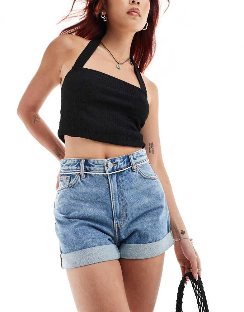 Monki Monki Tallie turn up denim shorts in mid blue 1