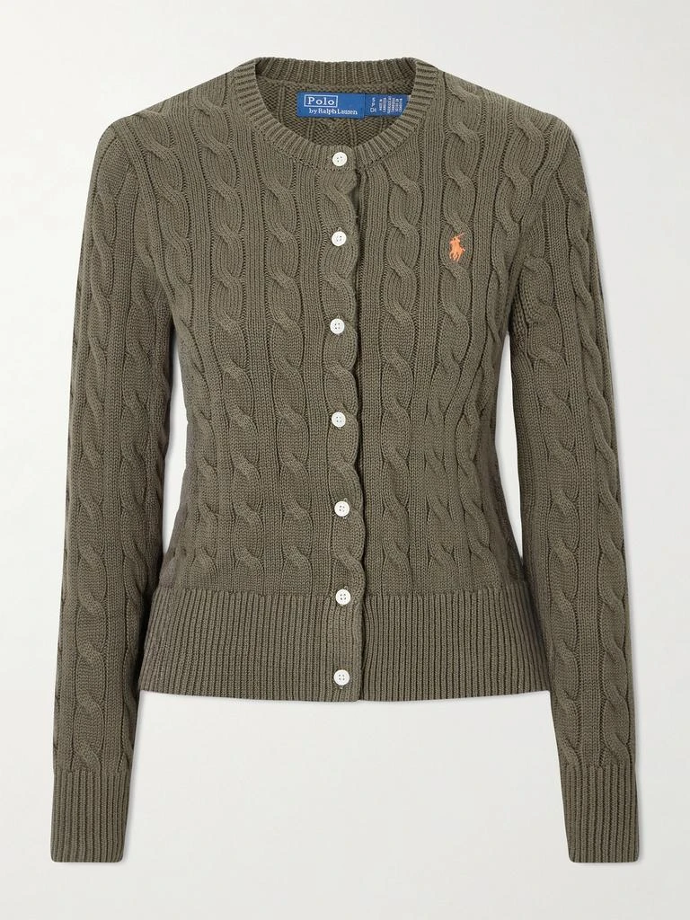 Ralph Lauren Embroidered Cable-knit Cotton Cardigan - Army green