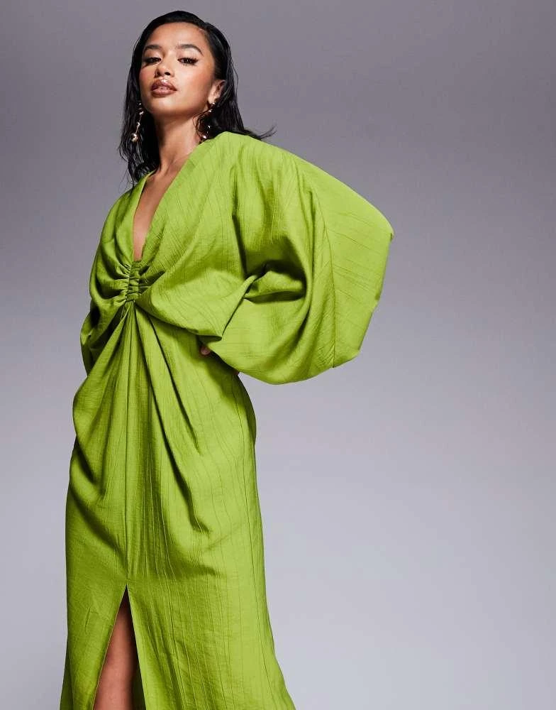 ASOS ASOS DESIGN Petite plunge elasticated maxi dress with blouson sleeve in lime green 4