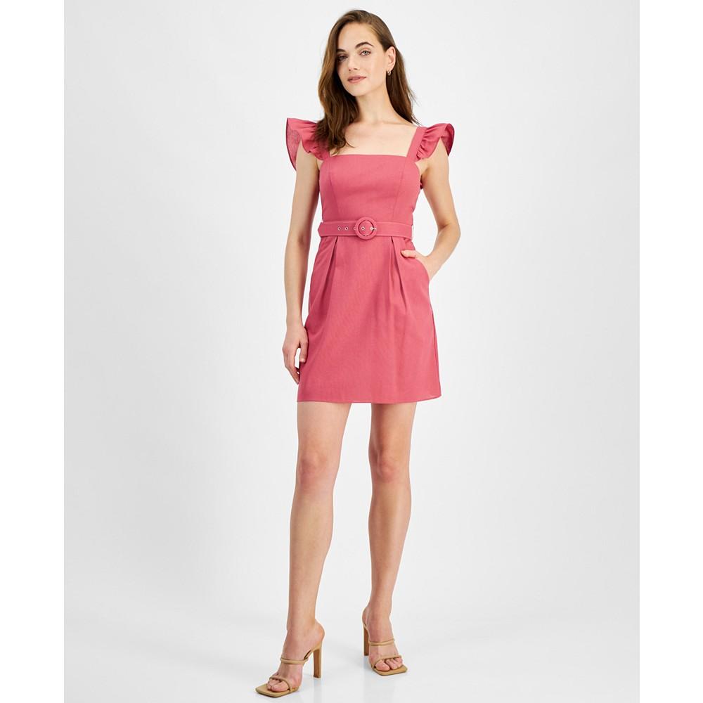 City Studios Juniors' Flutter-Sleeve Belted Mini Dress