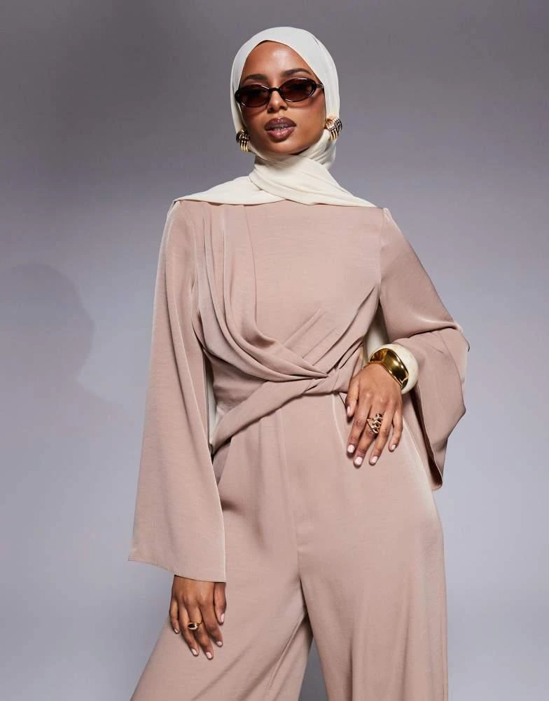ASOS ASOS DESIGN twist front wide leg jumpsuit in camel 2