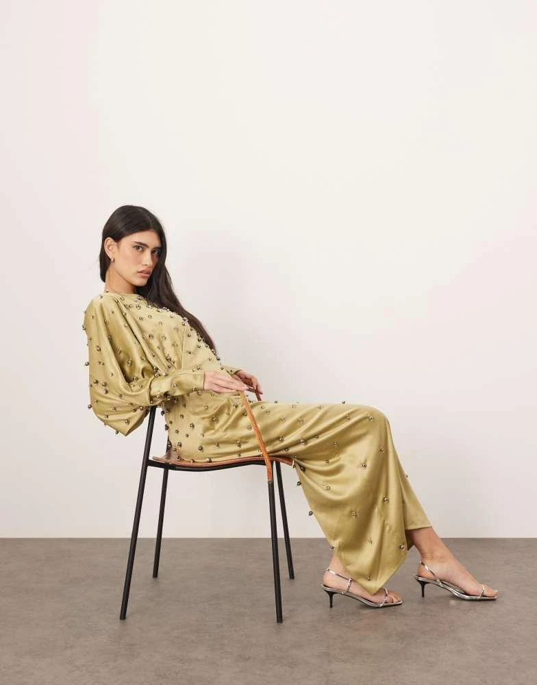 ARRANGE embellished ball bearing strong shoulder open back maxi dress in green ARRANGE embellished ball bearing strong shoulder open back maxi dress in green