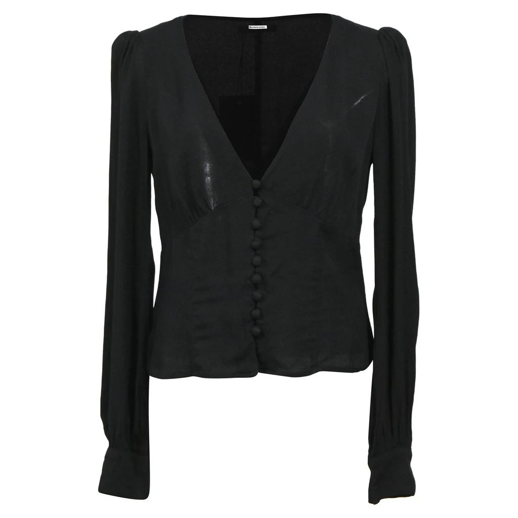 Reformation Nell Plunge Neckline Long Sleeve Blouse in Black Viscose 1