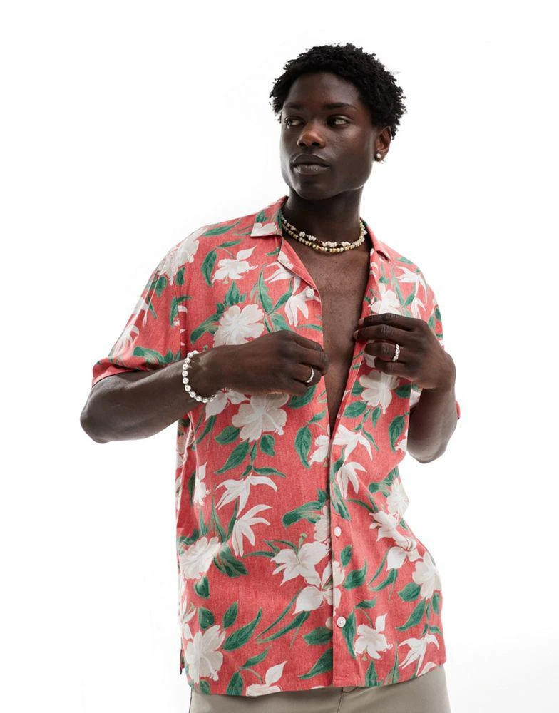 HOLLISTER Hollister thrifted short sleeve revere collar tropical floral print rayon shirt in red 1