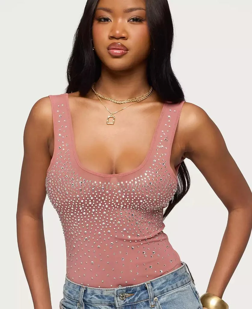 Edikted Women
s Angelita Rhinestone Sheer Mesh Bodysuit