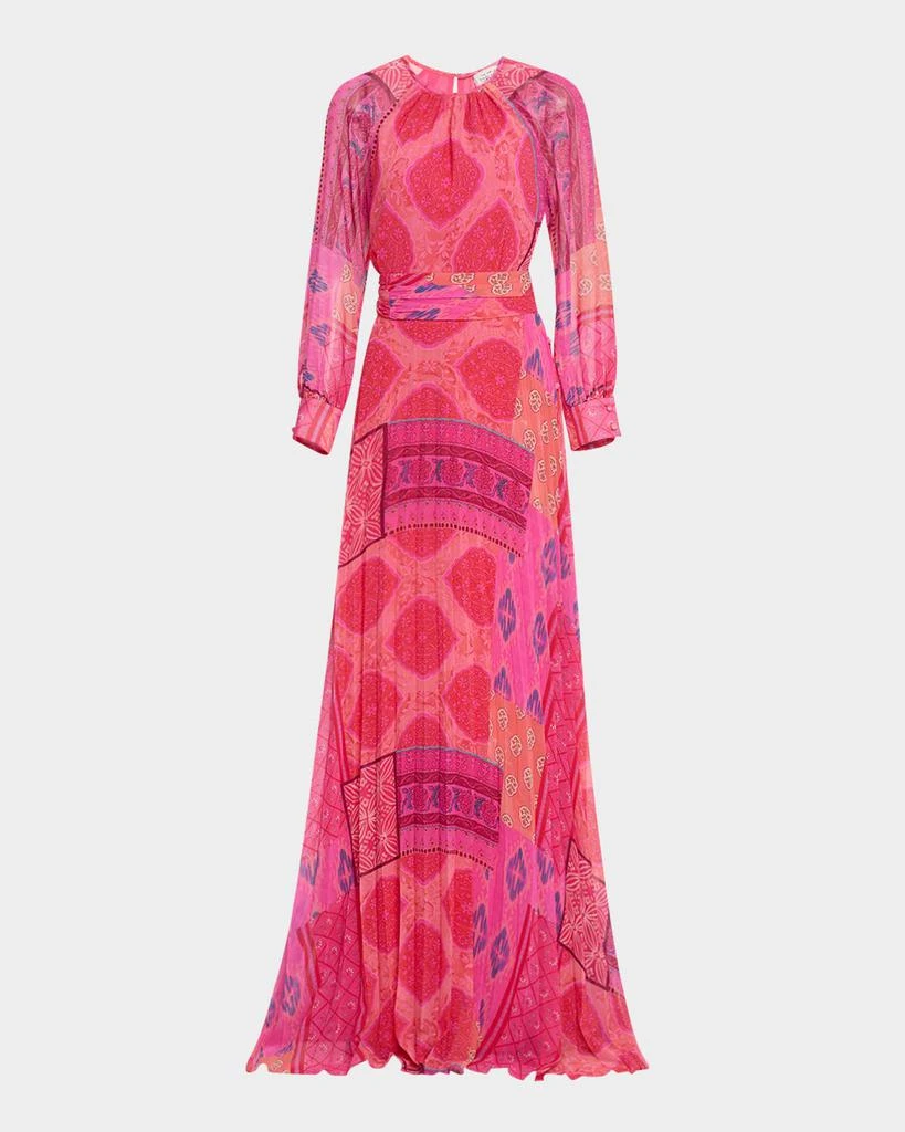 Teri Jon Pleated Patchwork-Print Chiffon Maxi Dress 1